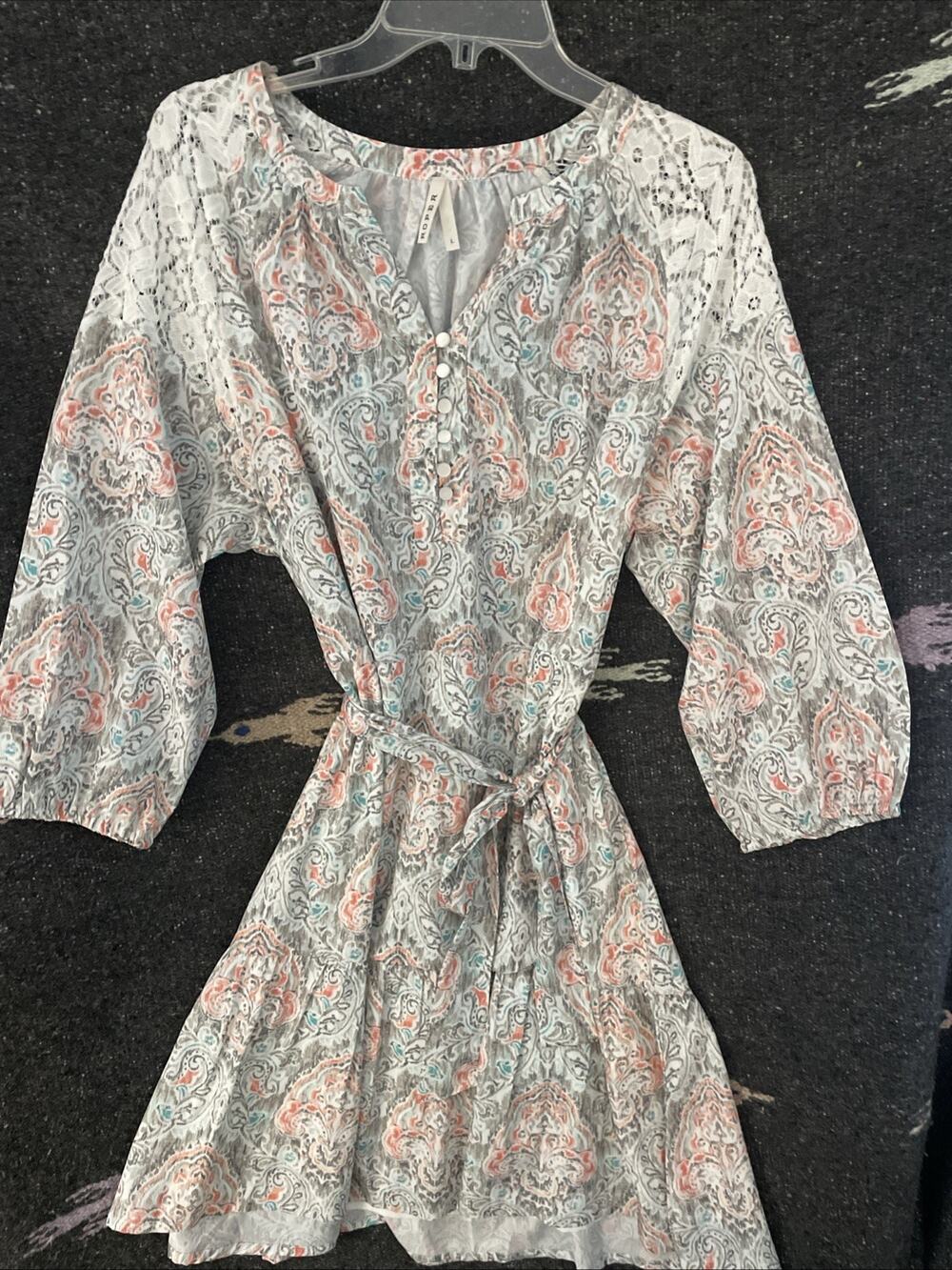 Roper Dress Womens Large White Peach Green Taupe Paisley Peasant Boho Lined